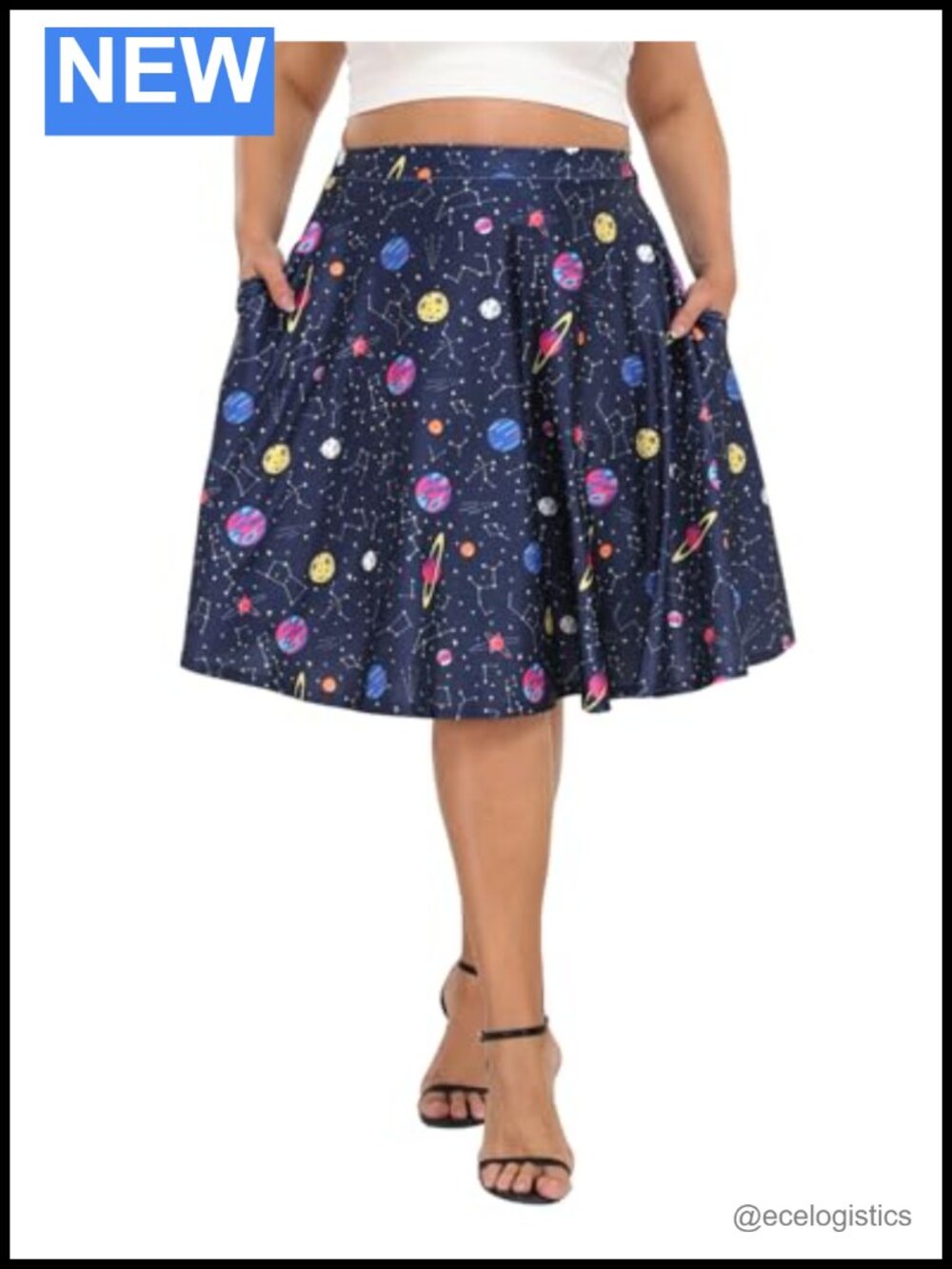 Plus Size High Waisted Midi Skater Skirt Knee Length with Pockets A-Line